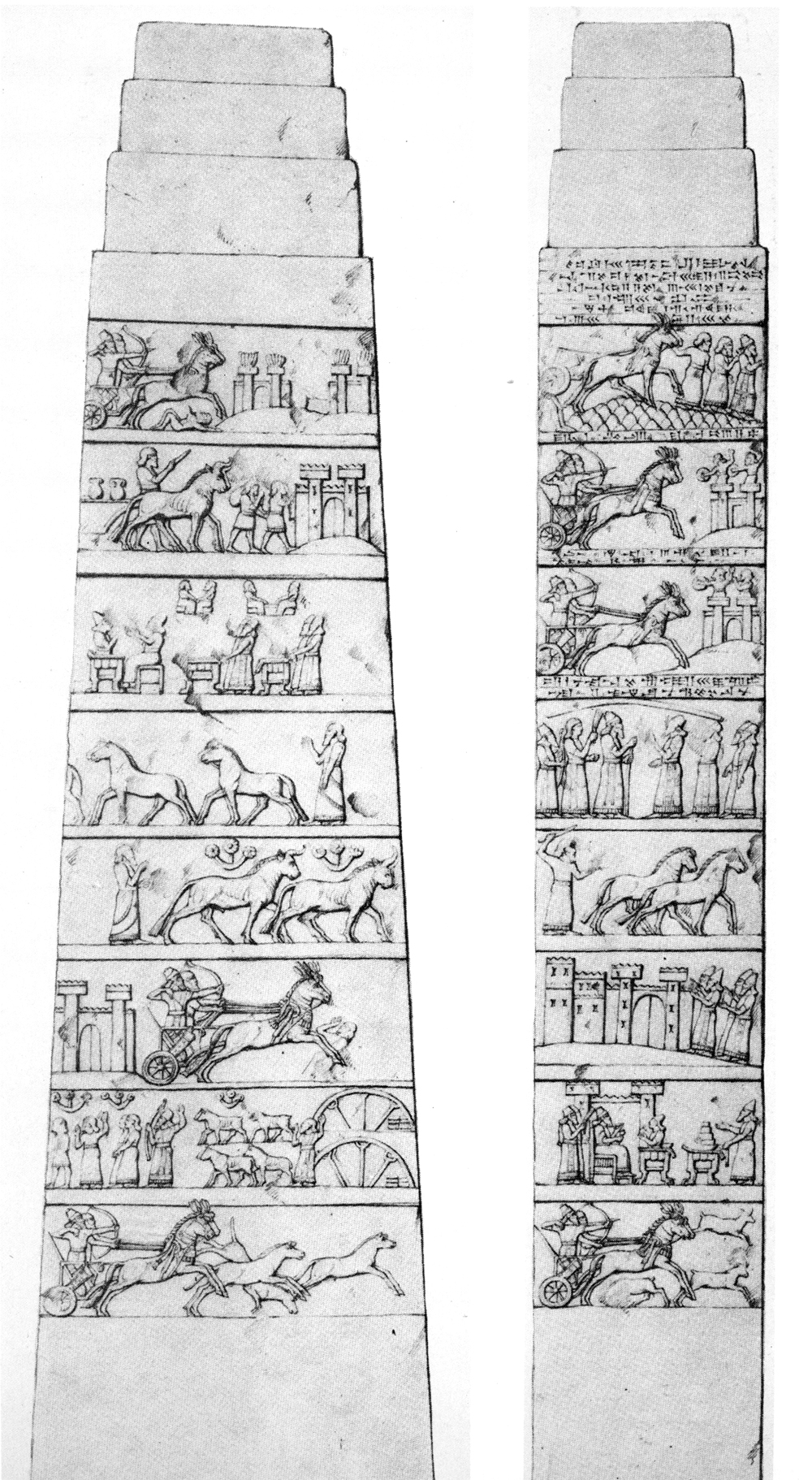 The ”White Obelisk“, probably reign of Assurnasirpal I (1049-1031 B.C.) Drawing reproduced from E. Unger, "Der Obelisk des Königs Assurnassirpal I. aus Ninive“. MAOG 6, Leipzig (1932).