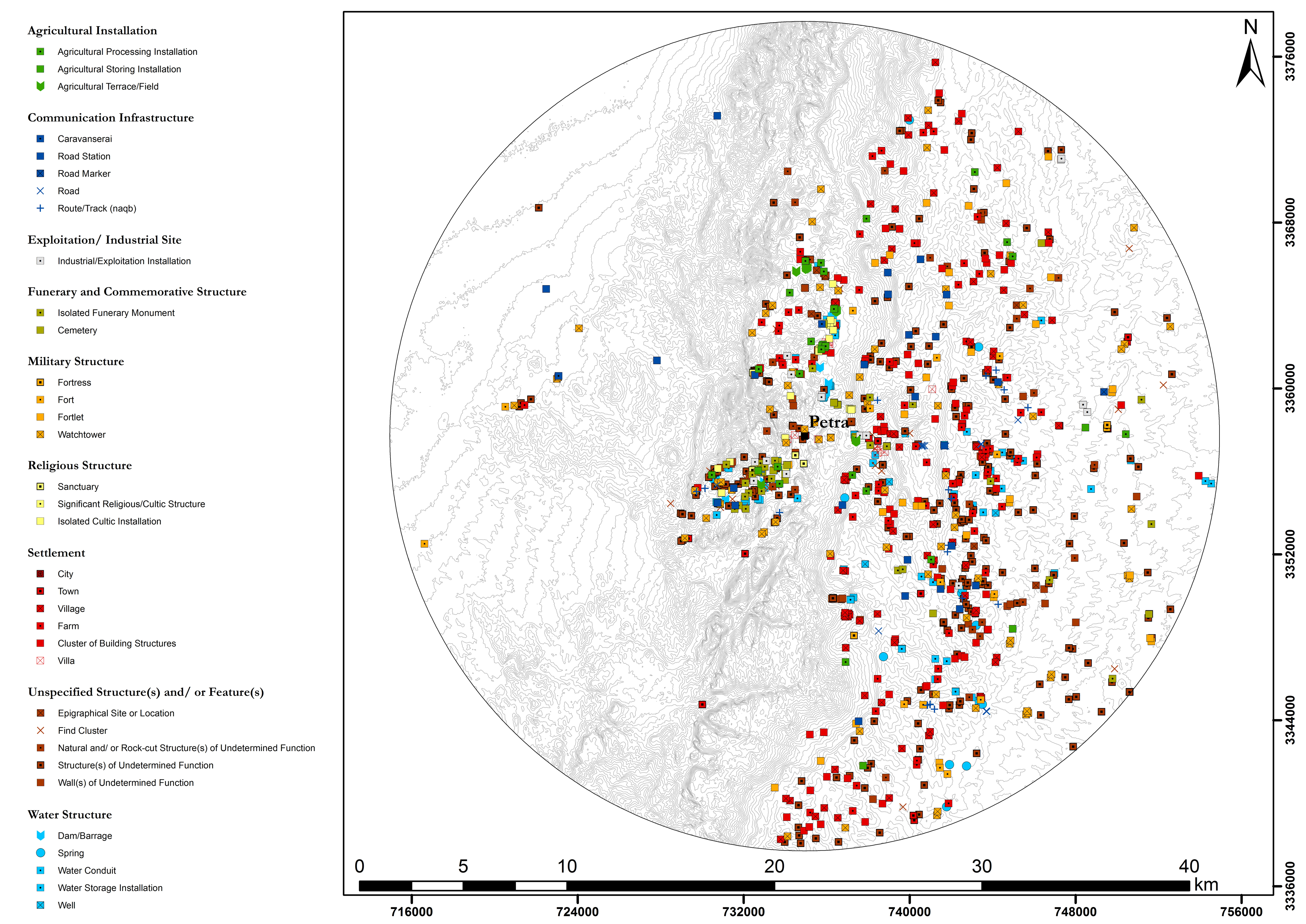 Site distribution map of archaeological sites evidenced for the 1st century AD in the Petraean hinterland (20km radius around Petra) | W. M. Kennedy